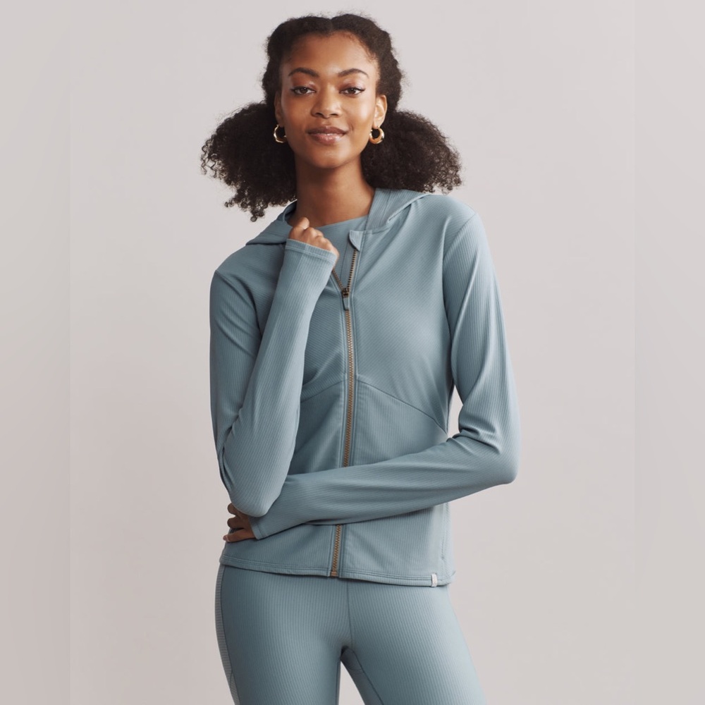 RHONE Ripple Full Zip Hoodie jacket size medium Blue Hue ribbed thumbholes